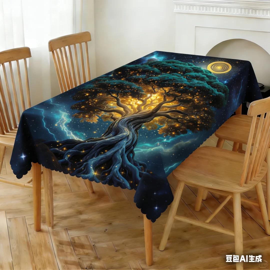 Luxe Spirituele Genezing Waterdichte Tafelkleed Gebrandschilderd Glas Levensboom Hemels Landschap Tafelhoes Voor Elegante Huisdecoratie 100x140cm black