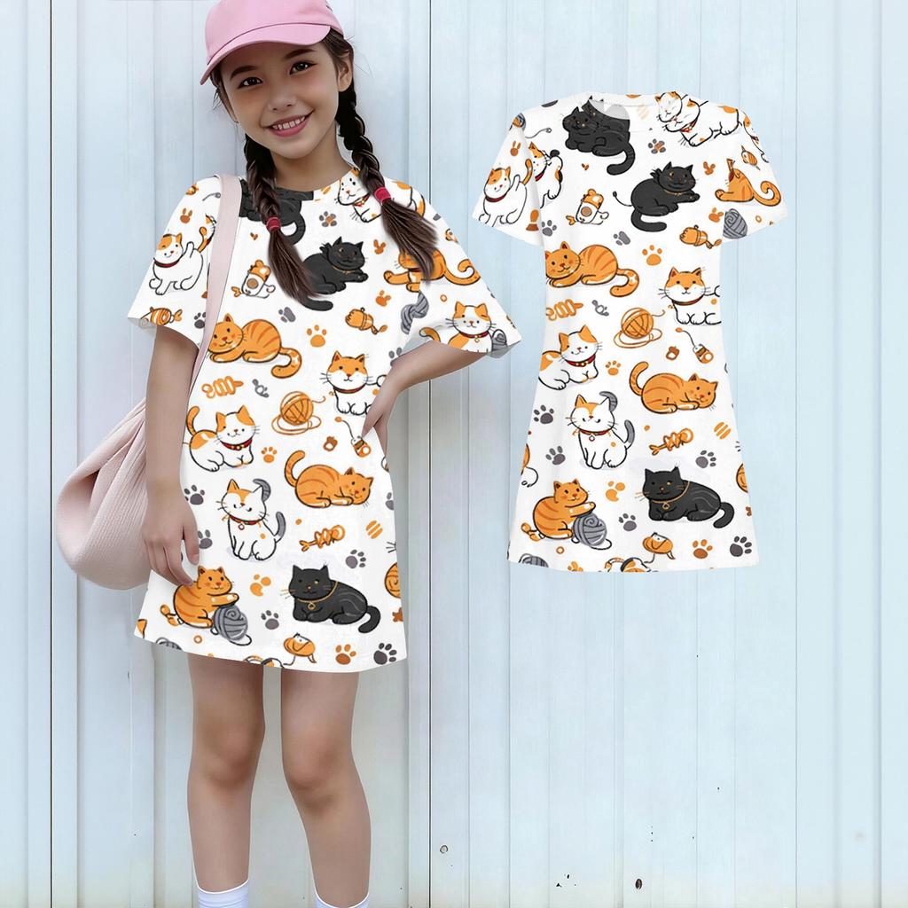 Girls Print Casual Dress Kids Loose Round Neck Short Sleeve Thin Sundress
