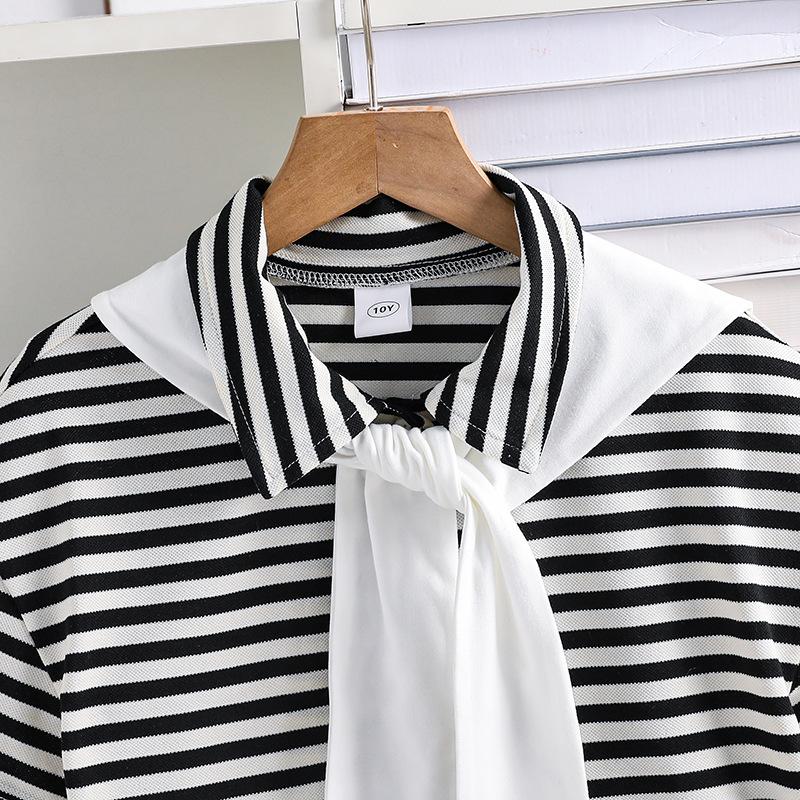 Girls' Sweet Set 2025 Summer Children's Fashion Shawl Striped Short Sleeve Top Cake Skirt Three-piece Set
