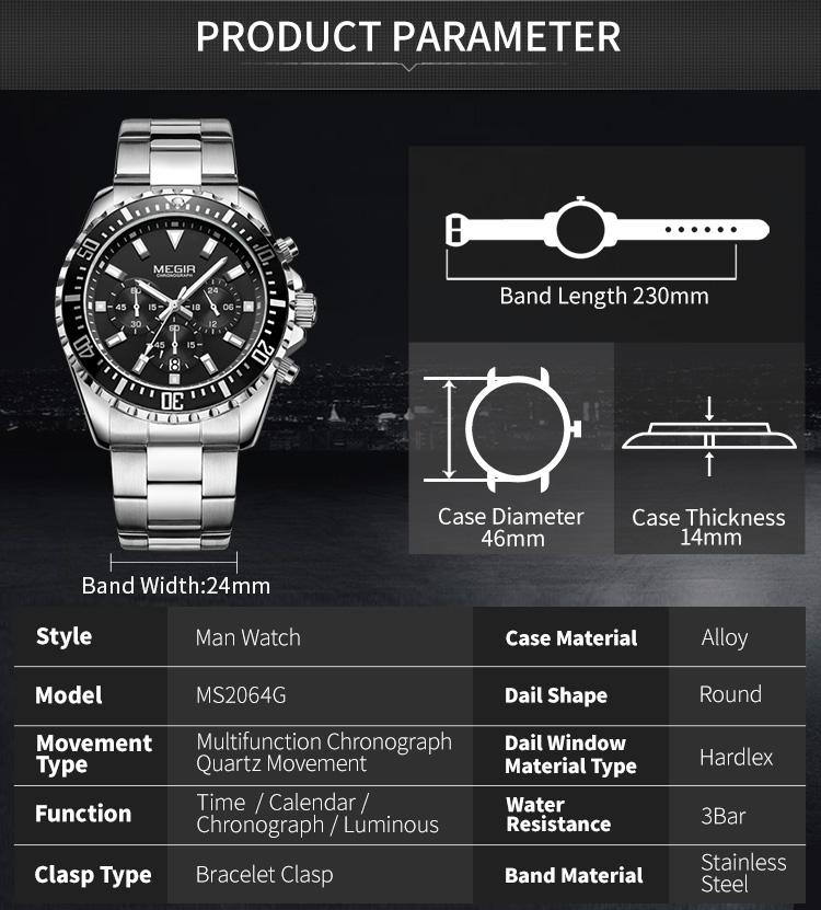 MEGIR Business Watches Men Luxury Quartz Luminous Wristwatch Waterproof Stainless Steel Chronograph Clock Date Reloj Hombre 2064