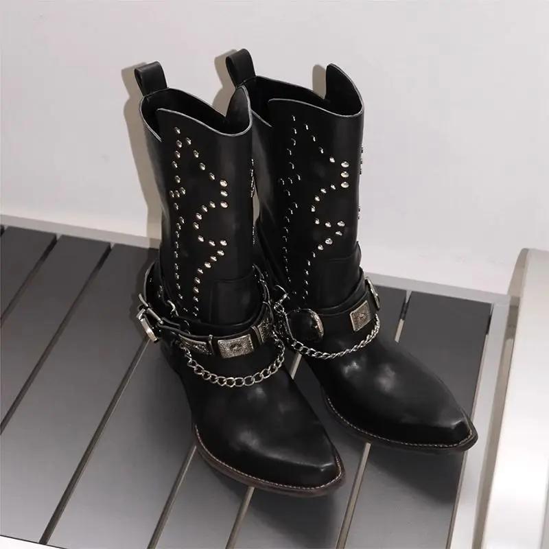 

Black Women s V-Mouth Punk Metal Western Cowboy Rivet Pointed Chelsea Pant Boots 42