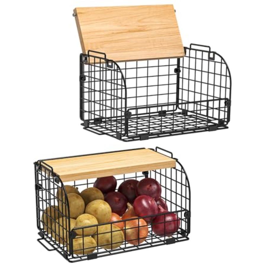 2 Set Stackable Wire Basket with Openable Top for Kitchen Counter Pantry Organizer Storage Bin for s Potatoes Fruits Veggies Br