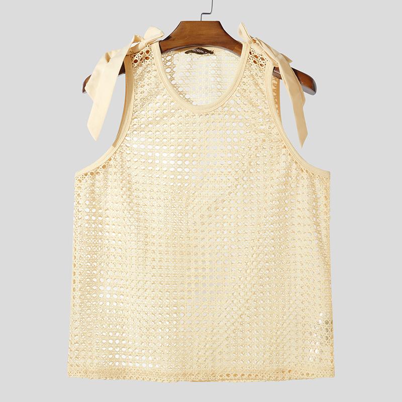 

INCERUN Summer Men Sleeveless Bow Knot See Through Mesh Beach Loose Tank Tops 3XL абрикосовый
