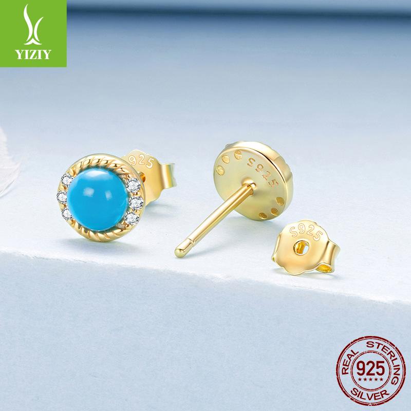 Turquoise S925 Sterling Silver Stud Earrings Elegant Court Temperament Plated 14K Gold Stud Earrings