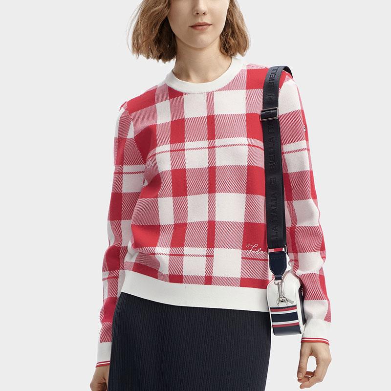 FILA Fleece Plaid Round Neck Casual Pullover Long Sleeve Knit Sweater Women sweater Light-Raspberry F11W411412F-RD