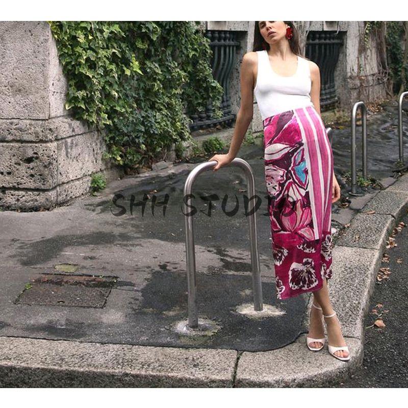 Spring Women clothes French style Back Slit Print Silk Satin Texture High Waist Straight Midi Skirt 3666068