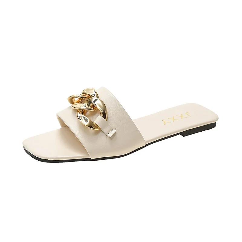 Fashion Wide Fit Slip-On Metal Chain Decor Slides For Women, Breathable Open-Toe Summer Casual Sandals With Adjustable Strap