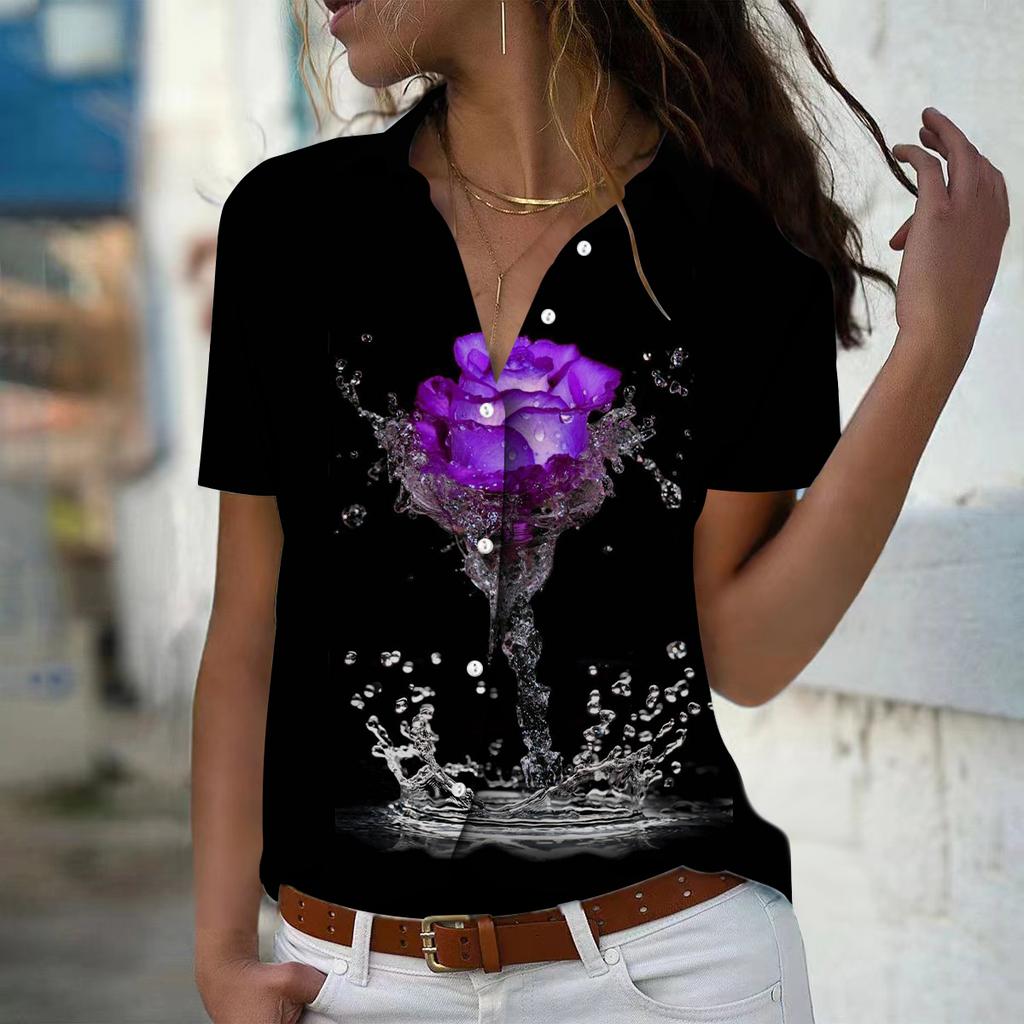 2025 Summer New Fashion Women's Flower Printed Short Sleeve V-neck Casual Button-down Shirt Top