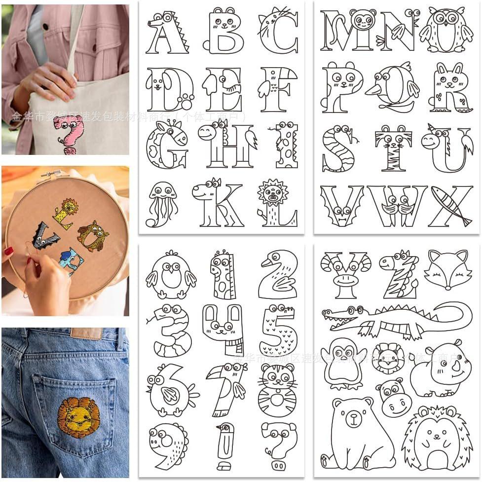4 Sheets Water Soluble Embroidery Stabilizers,Animal and Plant Alphabet Patterns Paper Hand Sewing Stabilizers for Beginners