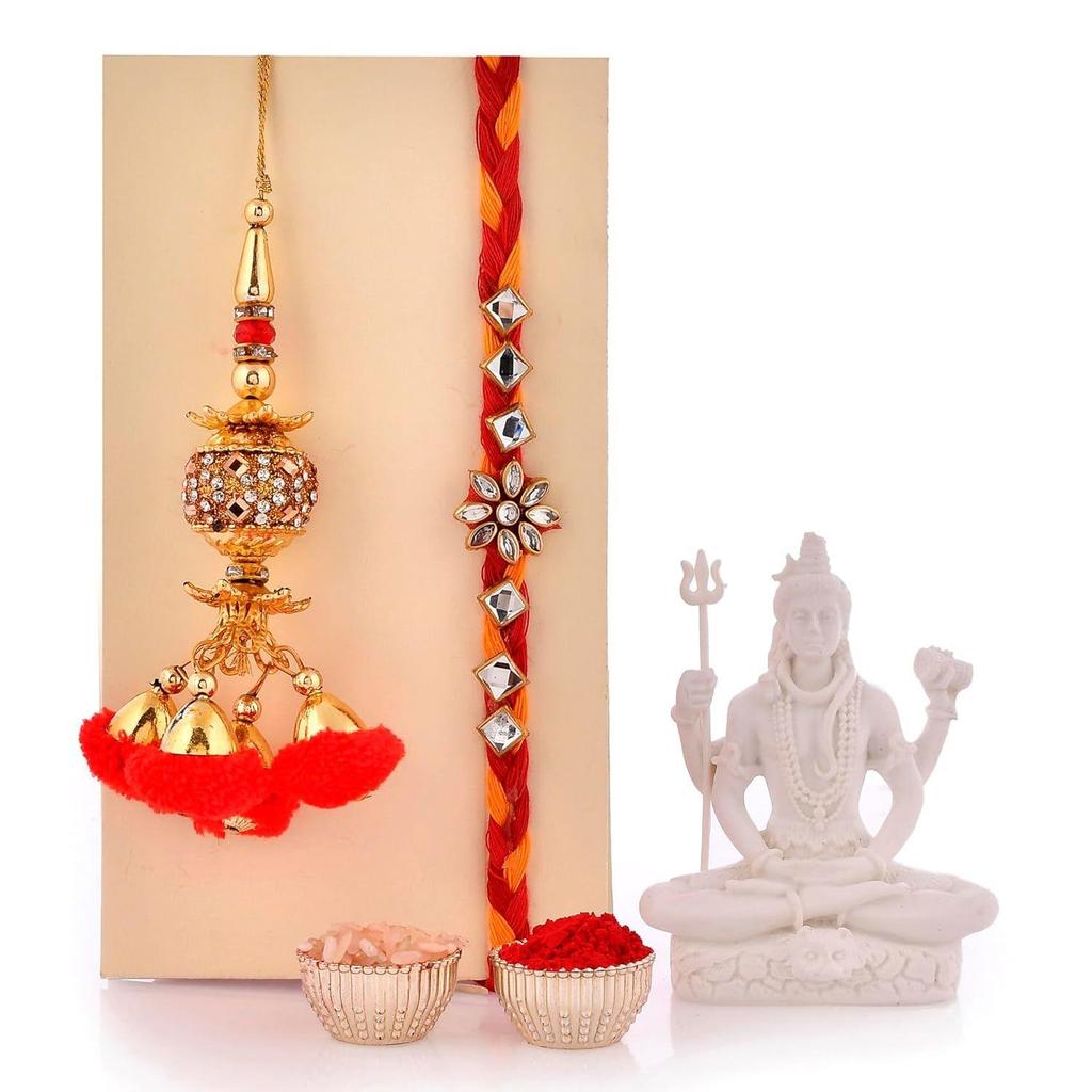 Rakhi for Brother with Shiv Shiva Idol Showpiece-Rakhi Gift for Brother Bhaiya Bhabhi-Combo of 5 ( 1 Shiva Idol, 2 Rakhi, Roli Tikka, Greeting Card)