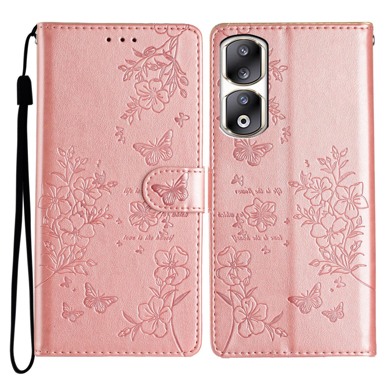 

For Honor 90 Pro Shockproof Case Butterfly Floral Imprint Leather Phone Cover with Stand Rose Gold