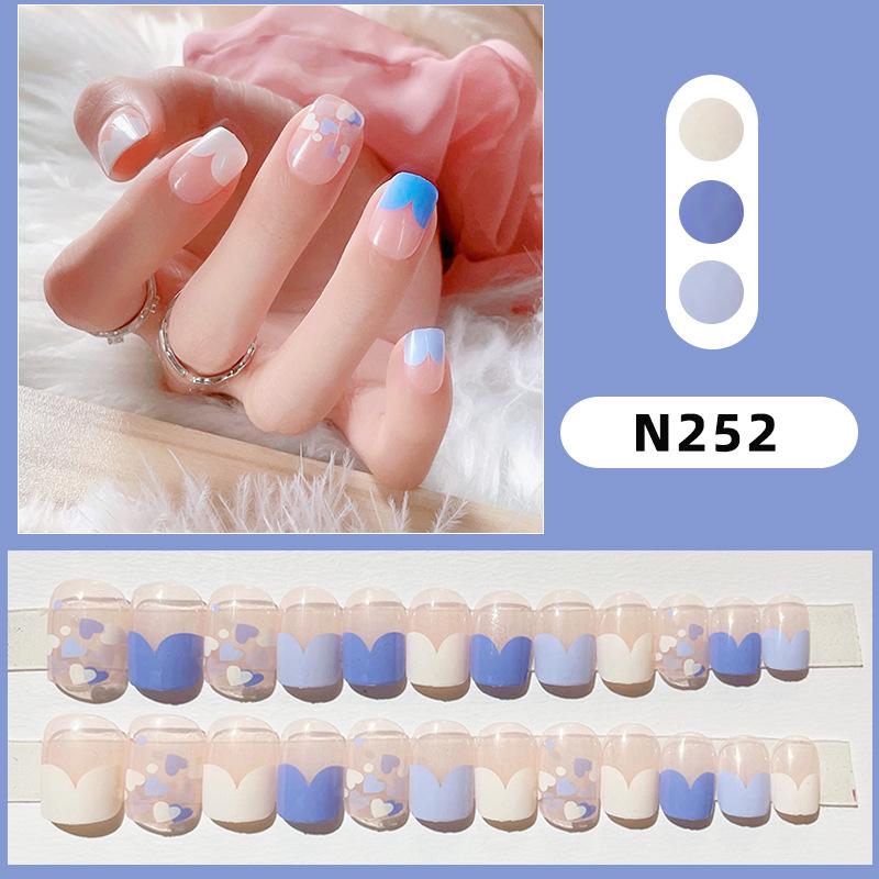 

Spring/Summer Detachable Wearable French Minimalist Blue & White Heart Color Block Fake Nails