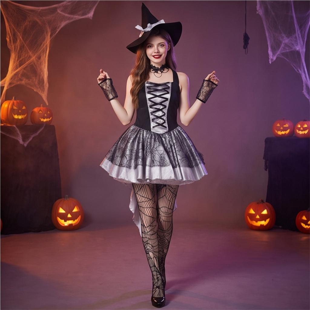 Women's Halloween Witch Costume Spaghetti Strap Dress with Hat and Bracelet Set