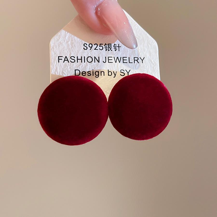 Retro Hong Kong Style Red Flocking Geometric Round Earrings Earrings Fashion Personality Temperament Earrings Women
