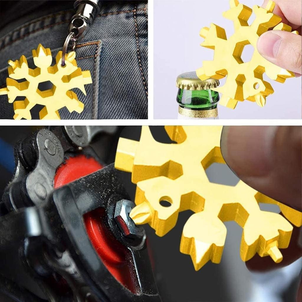 Lot de 4 Outils Multifonctions Flocon de Neige 18 en 1, Décapsuleur de Bouteille de Bière en Acier Inoxydable, Kit Tournevis Plat Phillips/Clé, Durable et Portable pour l'Extérieur