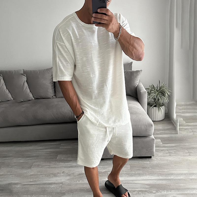 

Men Casual Solid Color Short Sleeve Shorts Two Piece Set S