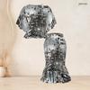 Women Plus Size Two Piece Set Round Neck Batwing Sleeve Printed Ruffle Hem Top Fishtail Skirt Silver Black