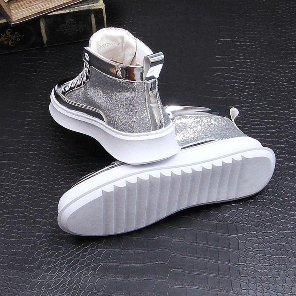 Srebrne i Złote Męskie Modne Sneakersy High-Top - Modne, Dodające Wzrostu Buty Casualowe