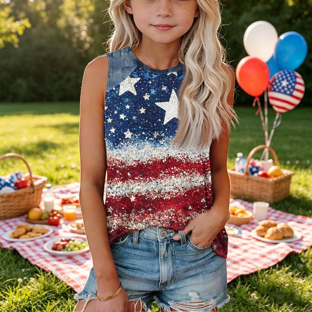 Sleeveless Loose Fit Tank Top with Abstract Swirl Print and Denim Shoulder Panels Round Neck Casual Summer Shirt for Women