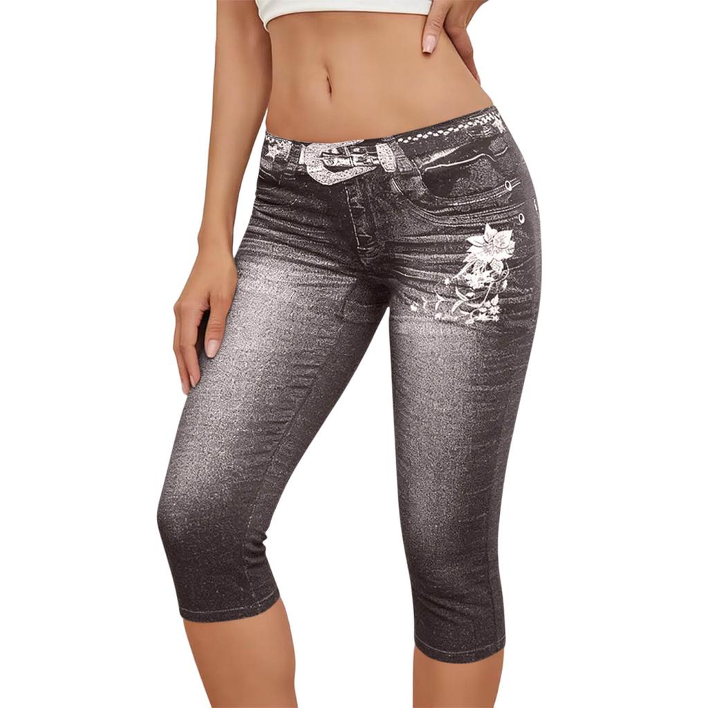 Modische Damen-Jeans mit Blumenmuster, elastischem Bund, elastischem Imitations-Denim, lockerem, lässigem Schnitt, verkürzt