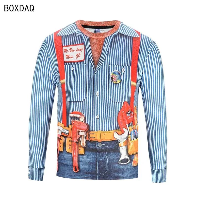 Artificial men's two-piece T-shirt set, 3D collar printed casual T-shirt, round neck long sleeved loose cotton T-shirt, artifici