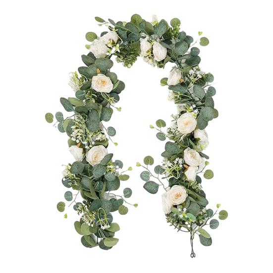 Artificial Eucalyptus Flower Garland with Rose Faux Floral Greenery Garland Fake Rose Flower Vine for Wedding Party Wall Backdrop Decor