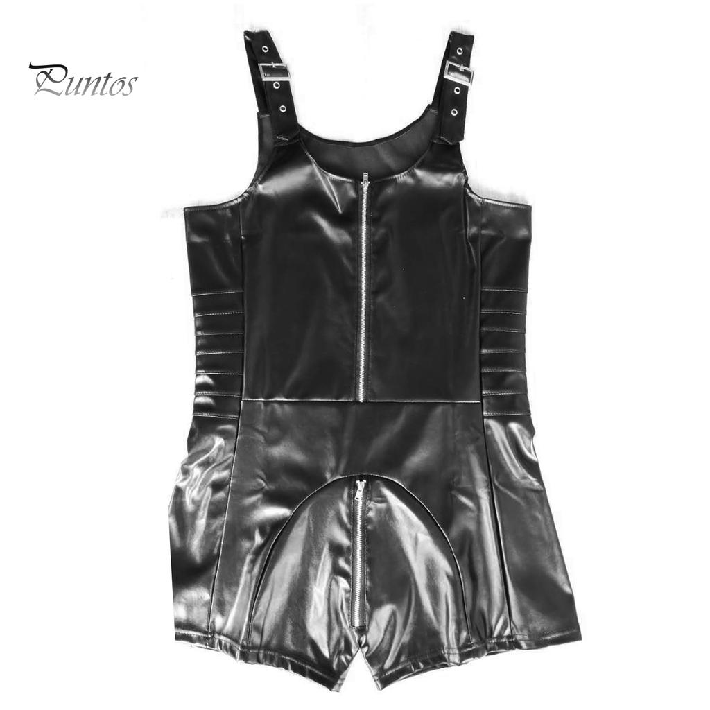 Menn Ermeløse Sexy Åpent Skritt Kunstlær Glidelås Bodysuit Shorts Jumpsuit