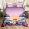 Japanese Wave Duvet Cover Set Sea Storm In Japan Traditional Drawing Foamy WavesBedding Set Full SizeEarth Yellow Dark Blue