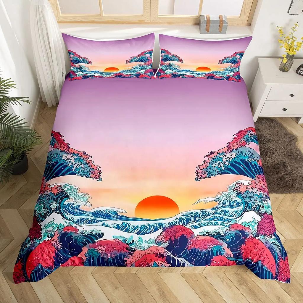 Japanese Wave Duvet Cover Set Sea Storm In Japan Traditional Drawing Foamy WavesBedding Set Full SizeEarth Yellow Dark Blue