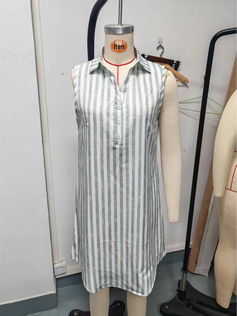 2026 Sleeveless Striped Button-Up Casual Women's Shirt Dress