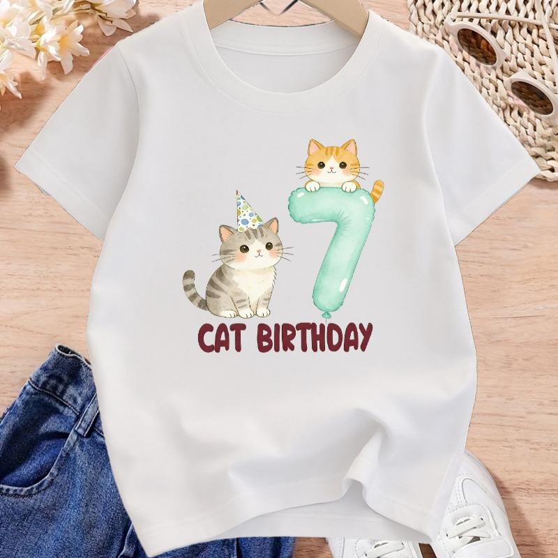 Girls Cat Birthday Cute Floral Print Crewneck T-Shirt, Spring Summer Versatile Kids Tee