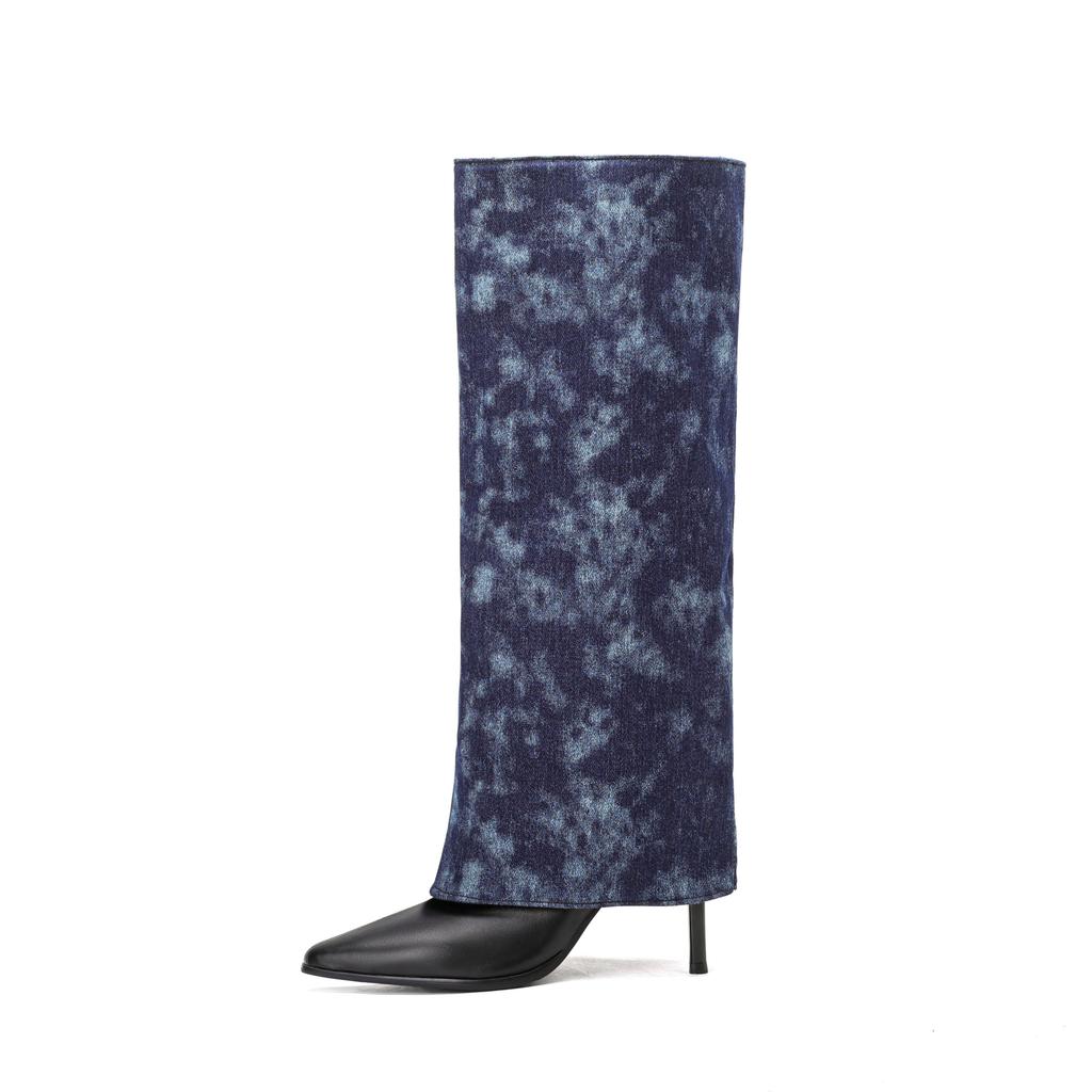 Women's High-heeled Medium Boots Autumn and Winter New European and American Style Pointed-toed Thin-heeled Large-size Cowboy Pipe Boots