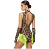 Women Leopard Print Latin Bodysuit Oversleeve Tassel Keyhole Backless Hollow Waist Button Crotch Leotard