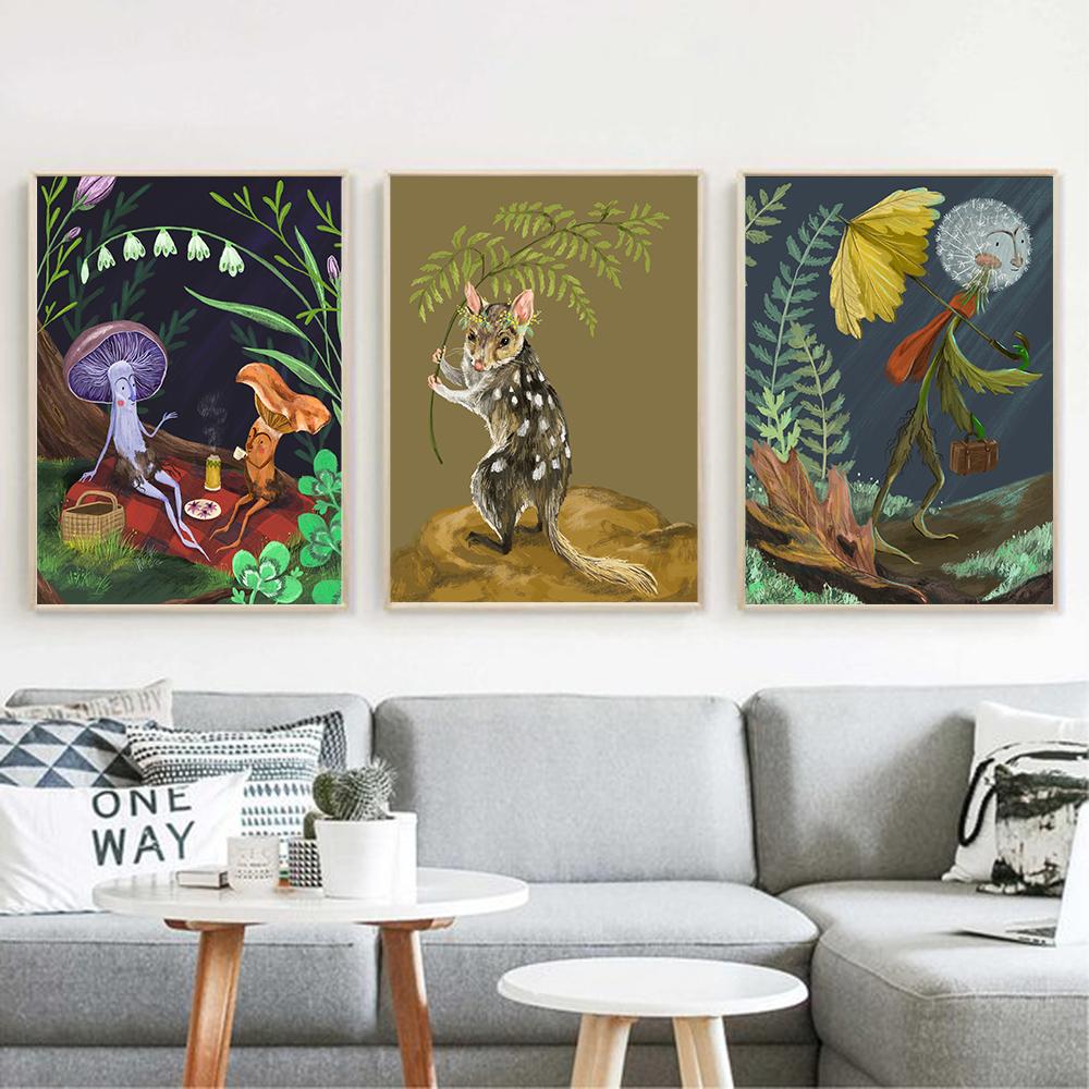 Funny Vintage Poster Frog Ride Bicycle Art Print Mushroom Strawberry Flower Dandelion Wall Art Canvas Painting Home Decor No Frame