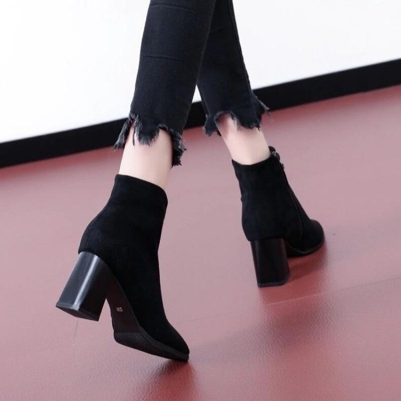 Coarse Heel Short Boots Women's New Autumn Single Boots High Heel Suede Women's Round Head Short Boots Comfortable and Versatile Martin Boots