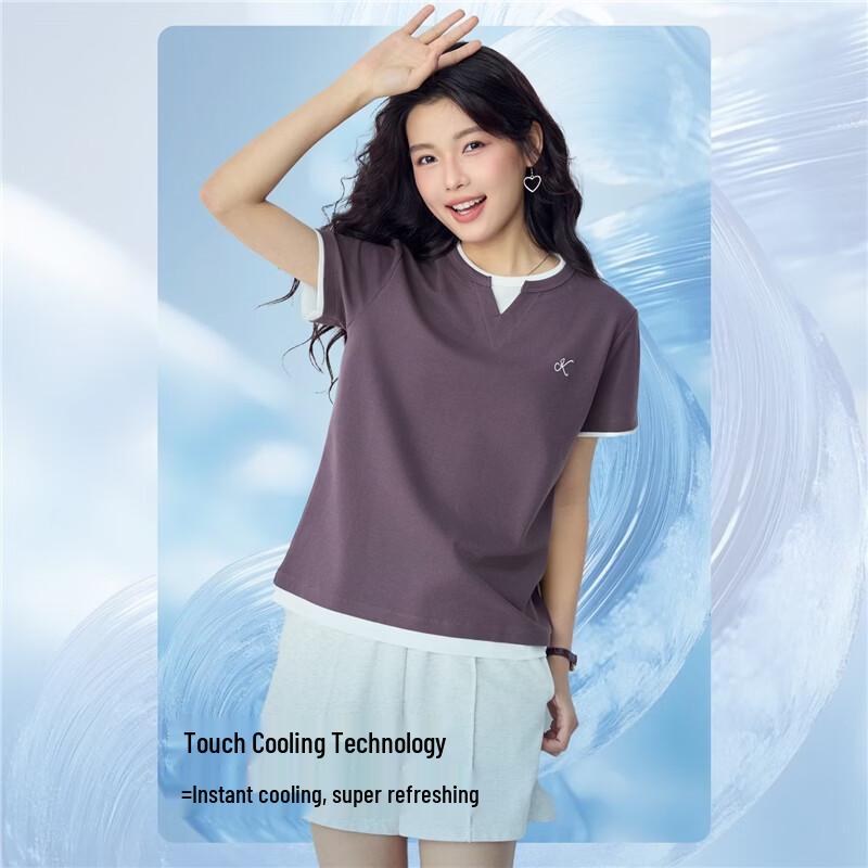 Giordano Women's Faux Two-Piece Embroidered Knit T-Shirt