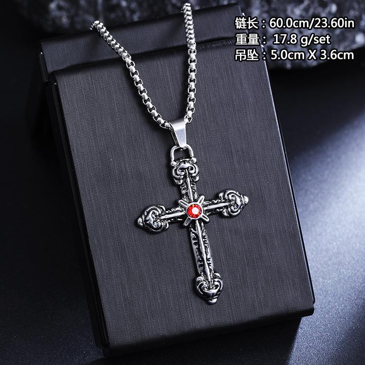 European and American retro simple fashion gothic black gem ruby cross pendant men's women's necklace