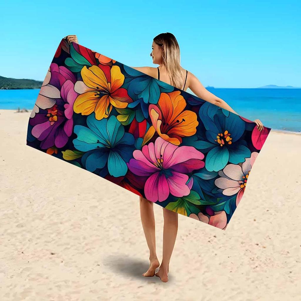 1pc Floral Collection Oversized Soft Printed Beach Towel - Vibrant Cartoon-Style Floral Pattern, Lightweight Super Fine Fiber