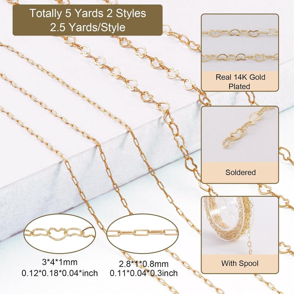 Pandahall 2 Rolls 14K Gold Plated Heart Link Chains Small Link Cable Chains 5 Yards Brass Gold Jewelry Chains for Permanent Jewelry Making Bracelet