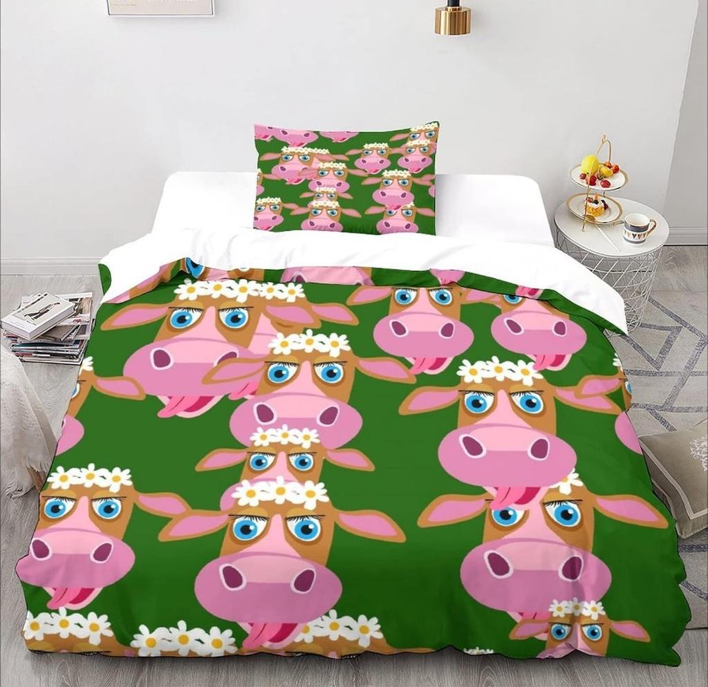 Cartoon Cow Motif,Microfibre Bedding Sets, Children's Bed Linen with Zip Room Decor  Duvet Cover  for Teenagers  Adult 3-Piece