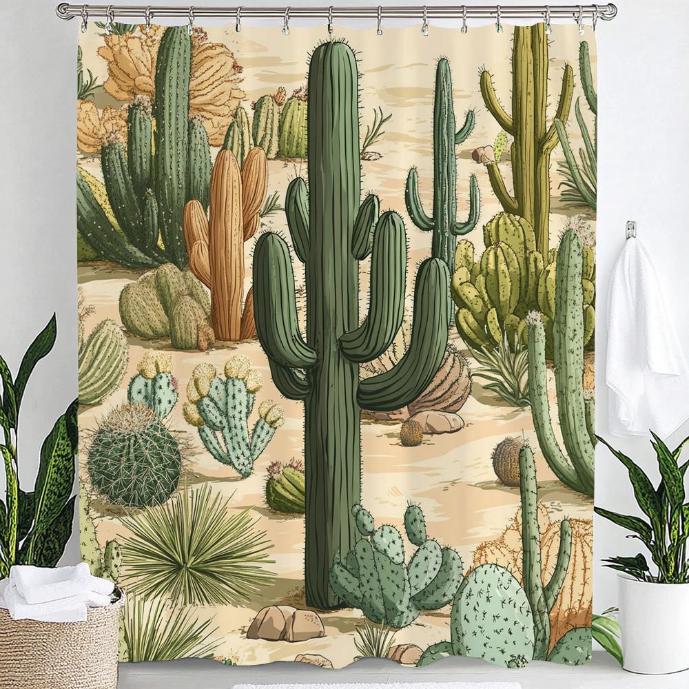 Nordic Art style Plant Cactus Printed Shower Curtain Bathroom Curtain,Hanging Curtain With 12 Hooks Decoration Machine Washable