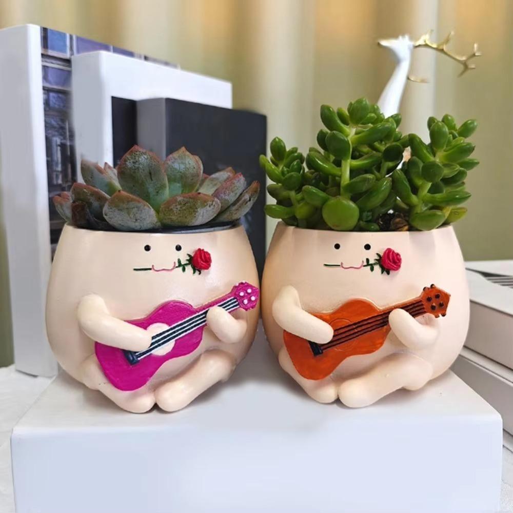 

Resin Crafts Guitar Succulent Flowerpot Cute Smile Face Planter Pot Home Office Desktop коричневий