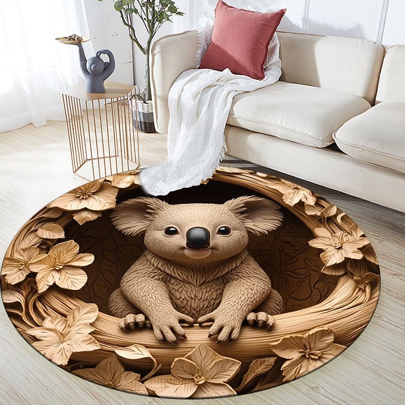 

Wood Carving Monkey, Koala, Lion, and Phoenix Round Area Rug,Carpet Rug for Living Room Bedroom Sofa Playroom Decor,Non-slip Floor Mat 80cmx80cm