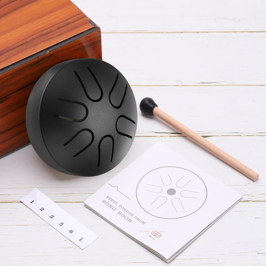 uxcell Steel Tongue Drum, 3" 6-Note Mini Steel Hand Drum with Mallets and Sheet Music, Worry-Free for Yoga, Meditation, and Camping (Black)