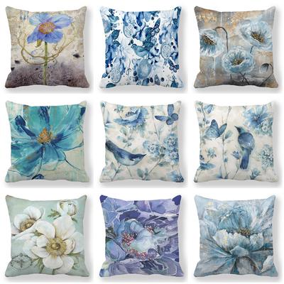 Home Decor Blue Floral & Bird Patterned Throw Pillow Covers Pattern Cushion Cover Suitable for Sofa Bedroom Car Pillow Cover