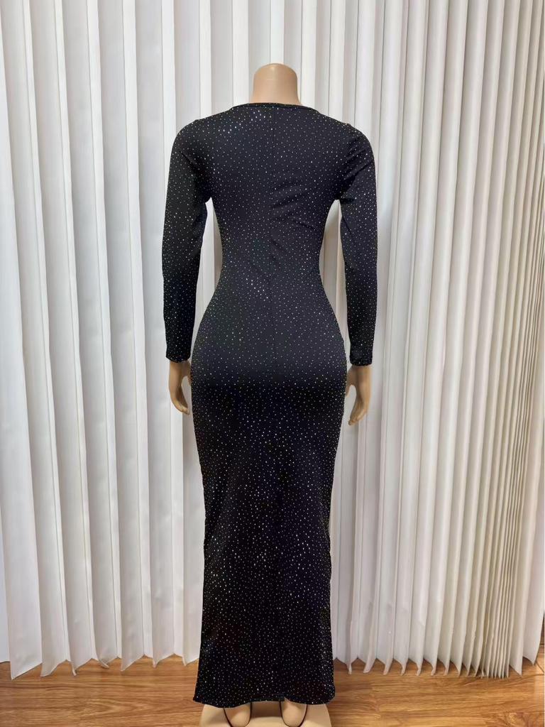 Rochie de seară M10268 Europeană de Lux cu Mânecă Lungă, Croială Slim Fit, cu Detaliu Strasuri Fierbinți