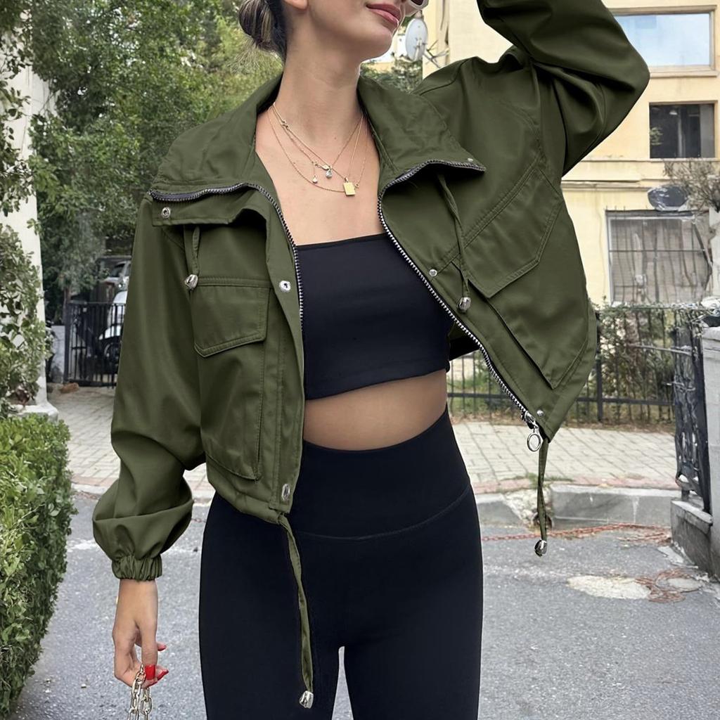 Women's Fashionable Color Long Sleeved Pocket Short Jacket With Zipper Windbreaker Jacket