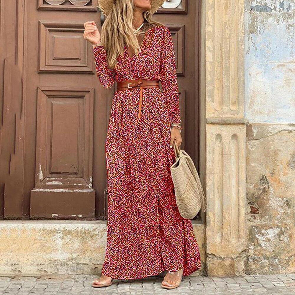 Womens Long Sleeve Floral Maxi Long Dress Ladies Boho Party Evening Casual Dress