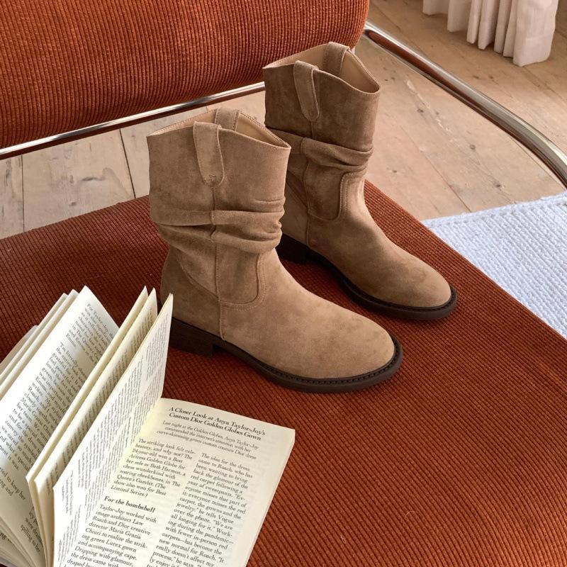 

Skinny Low Heel Medium Boots Women s Shoes 2025 Spring and Autumn Single Boots Western Cowboy Pile Short Boots Coarse Heel Martin Boots 39 абрикосовый