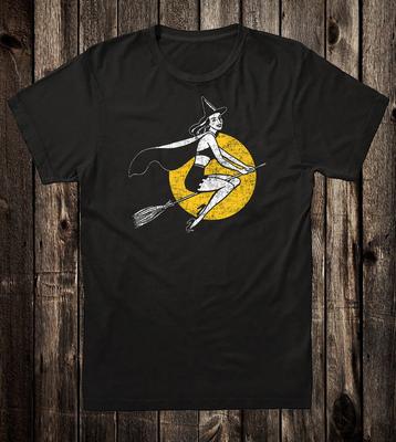 Retro Halloween Tee T Shirt Vtg Art Goth Witch Broomstick Pin Up Girl 40s 50s